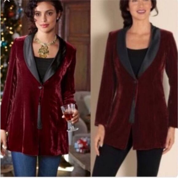 Soft Surroundings Red Velvet Savile Row Maroon Blazer Jacket Silk SZ Small - Picture 1 of 12